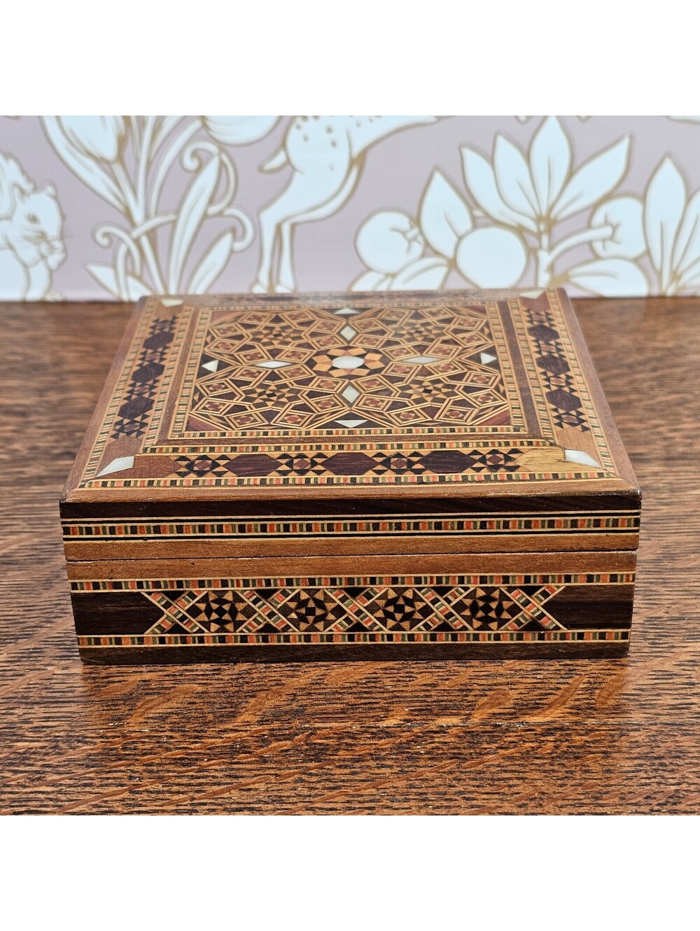 Vintage Damascus Mosaic Wood Jewelry Box Mother of Pearl Inlay 5 Inch